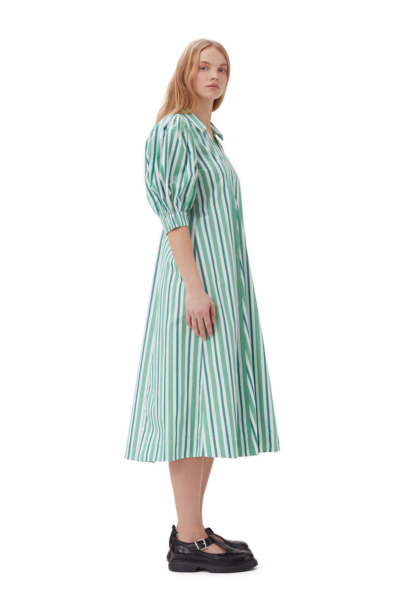 Robe Green Striped Collar Long, Cotton, in colour Creme de Menthe - 3 - GANNI