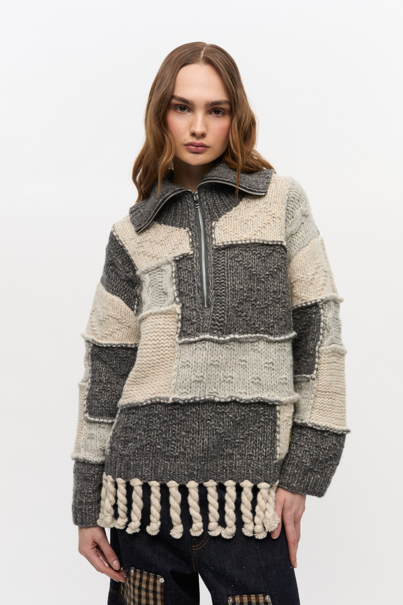 Patchwork Fringe Sweater, Cotton, in colour Multicolour - 1 - GANNI