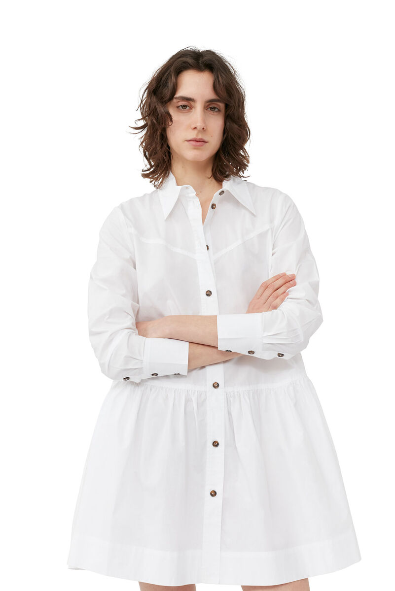 White Cotton Poplin Mini Shirt Dress, Cotton, in colour Bright White - 4 - GANNI