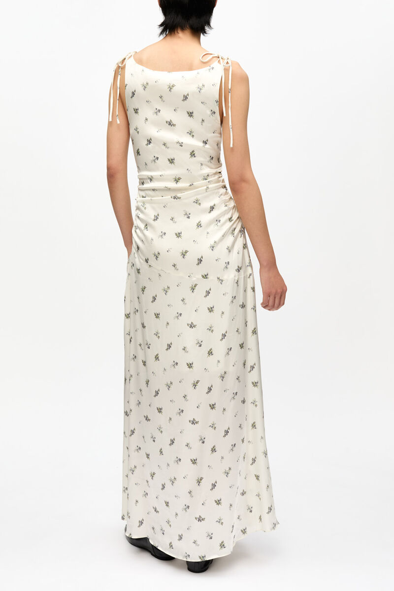 Bedrucktes Satin-Kleid mit Raffung, Viscose, in colour Egret - 2 - GANNI