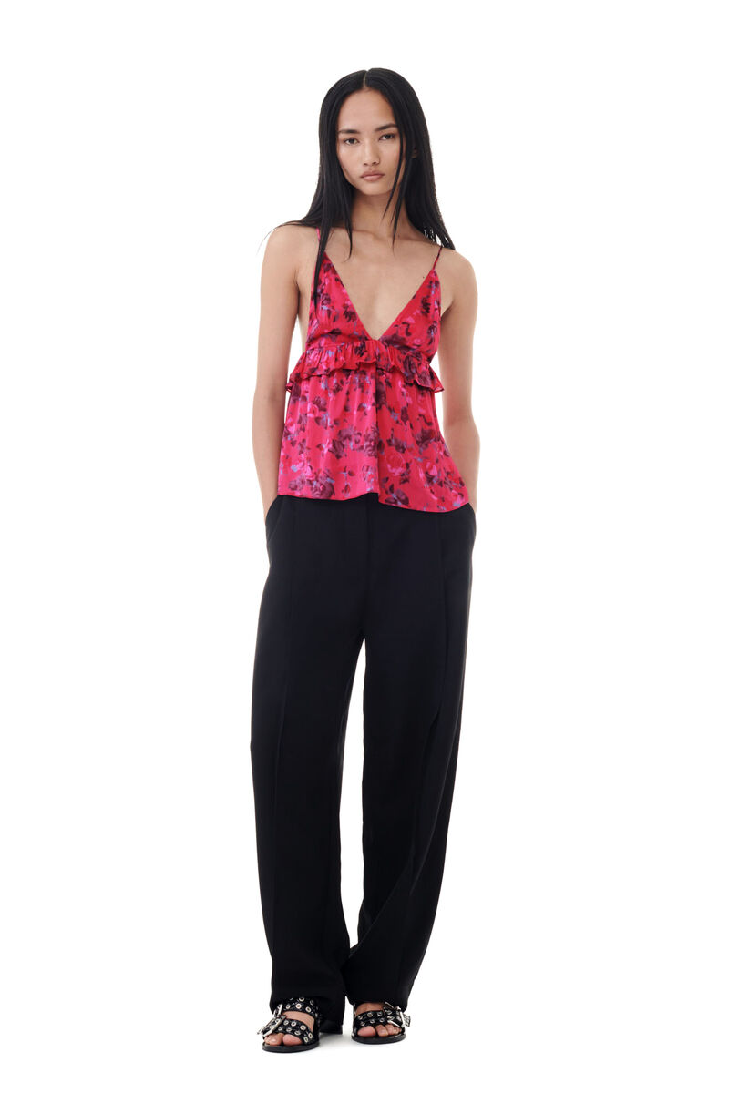 Red Floral Printed Satin Stroptop, in colour Raspberry Wine - 2 - GANNI