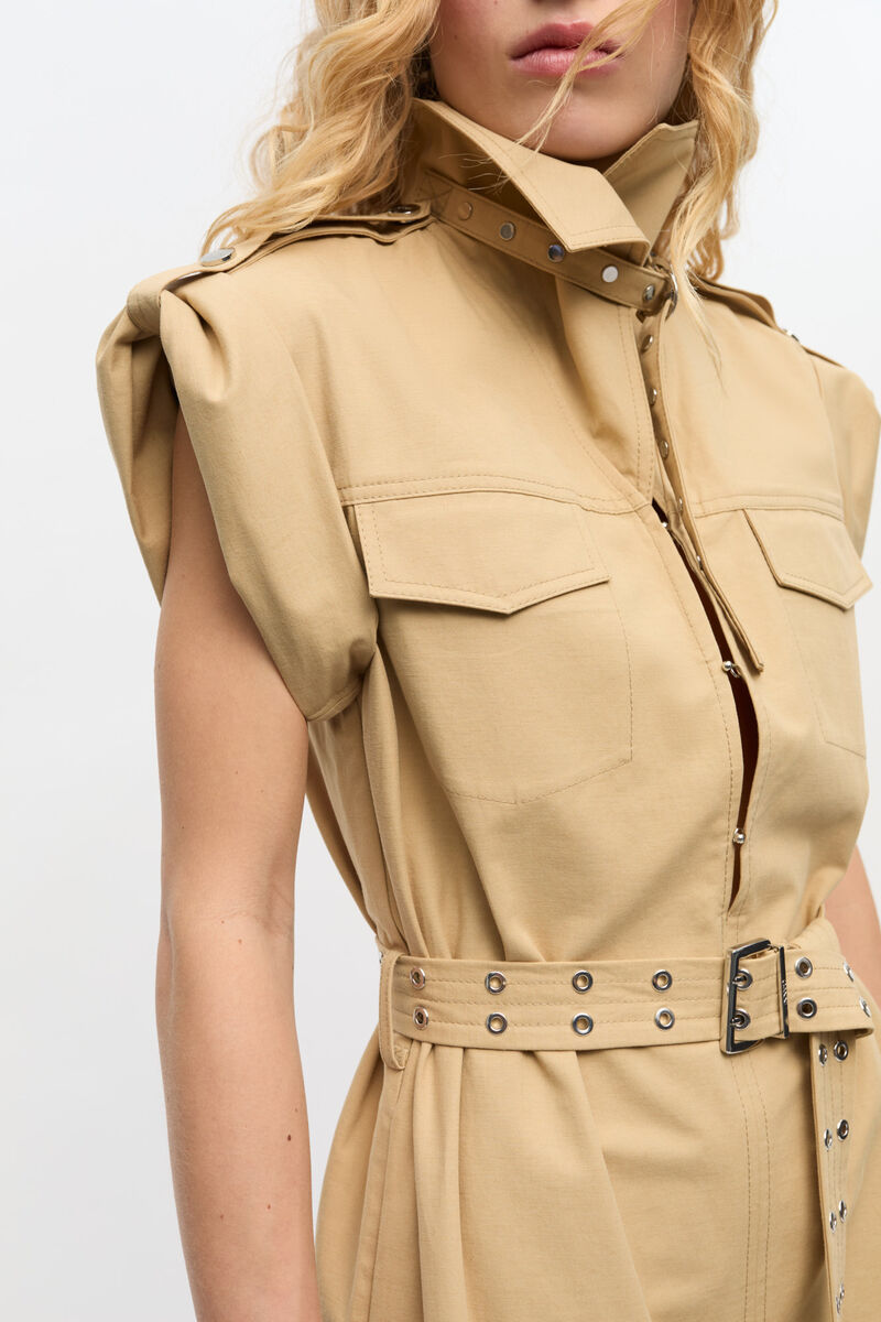 Beige Stretch Cotton Dress, Linen, in colour Pale Khaki - 4 - GANNI