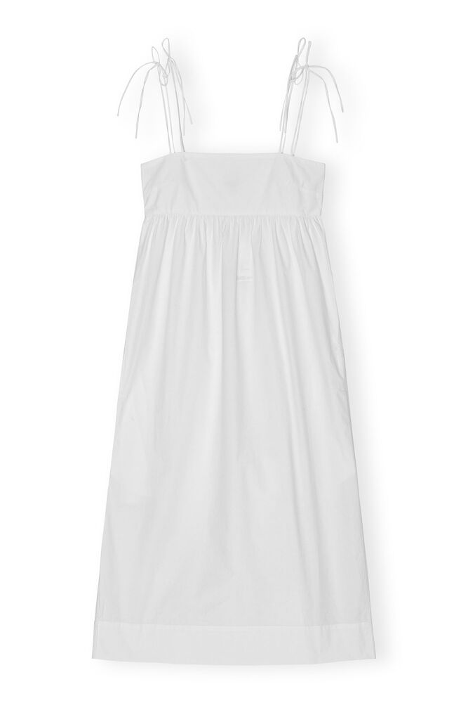 White Cotton Poplin String Midi Dress, Bright White