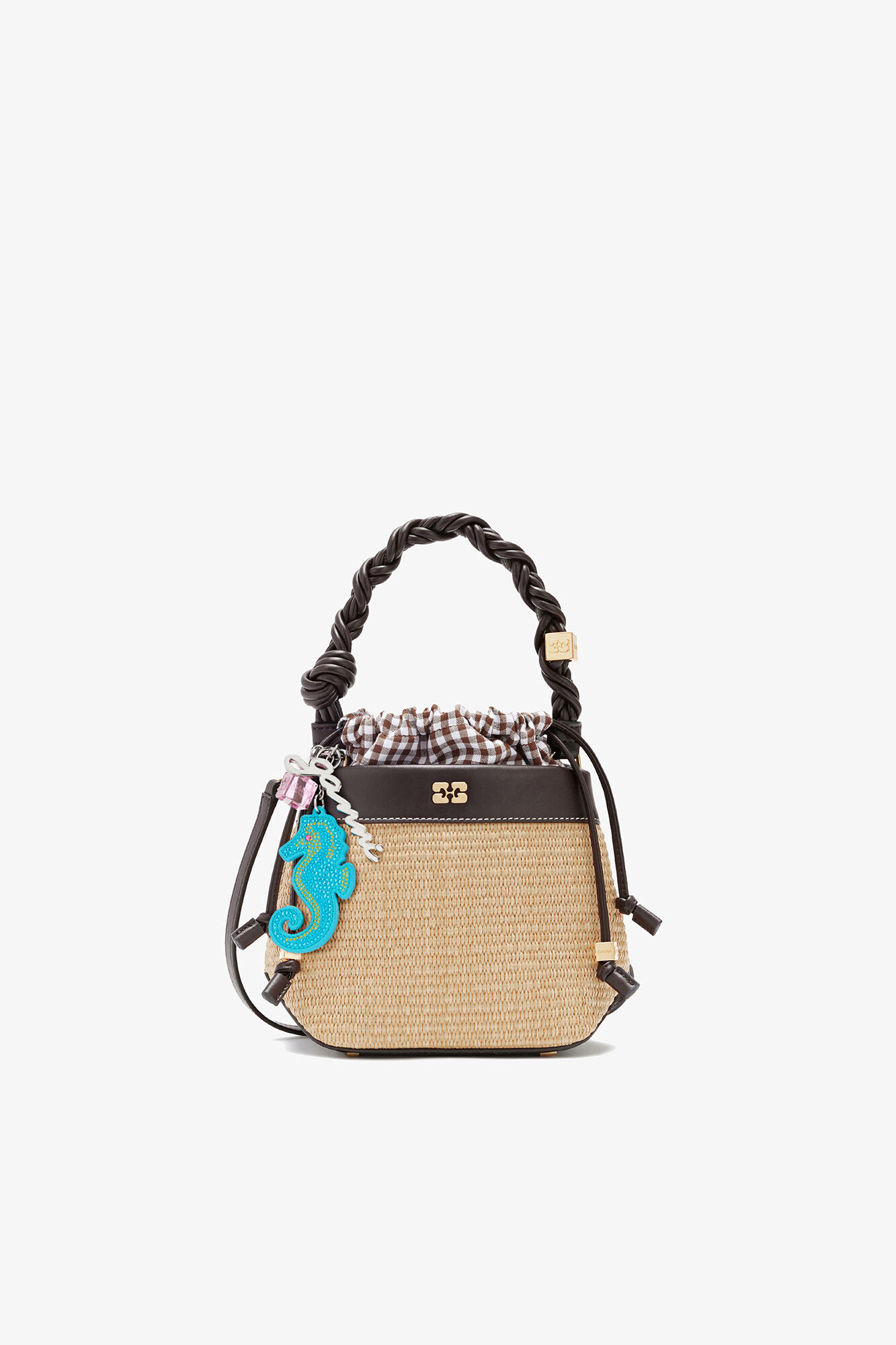 Bou Bucket Bag in Raffia, Recycled Leather, in colour Seal Brown - 4 - GANNI