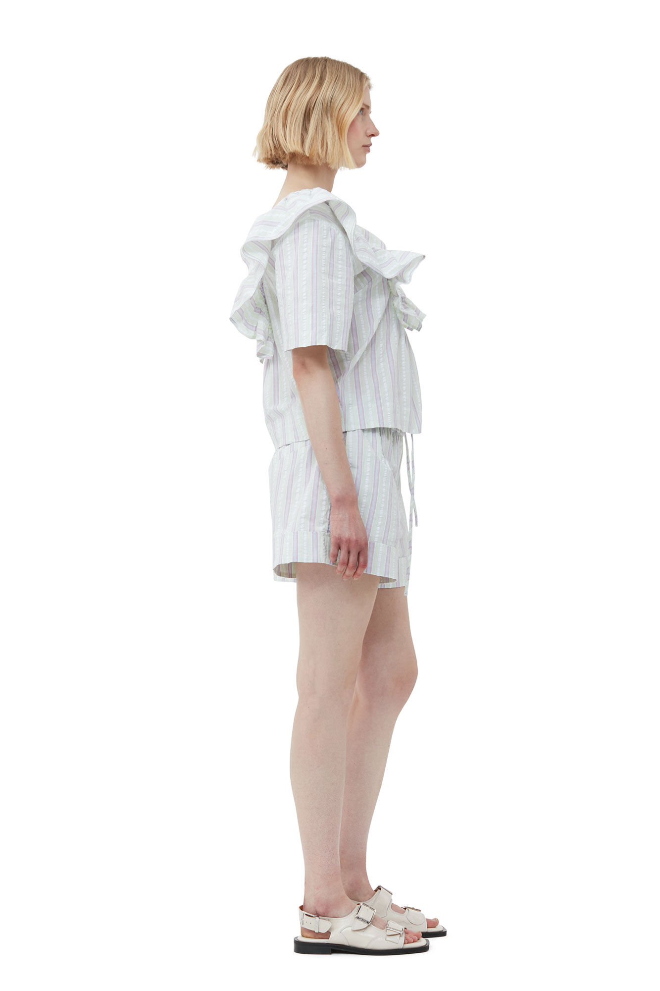Striped Seersucker blus med krås, Elastane, in colour Mauve Chalk - 3 - GANNI