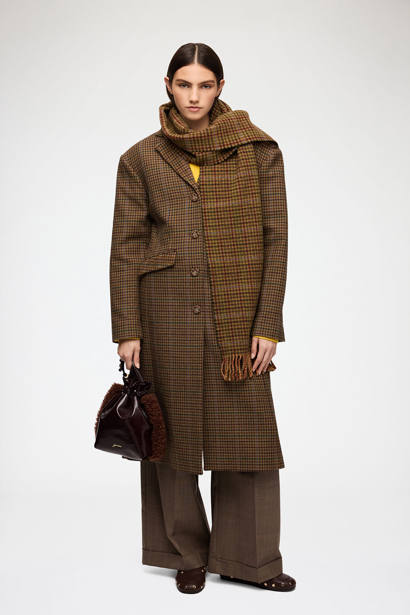 Coat in Check Twill, Recycled Wool, in colour Multicolour - 1 - GANNI