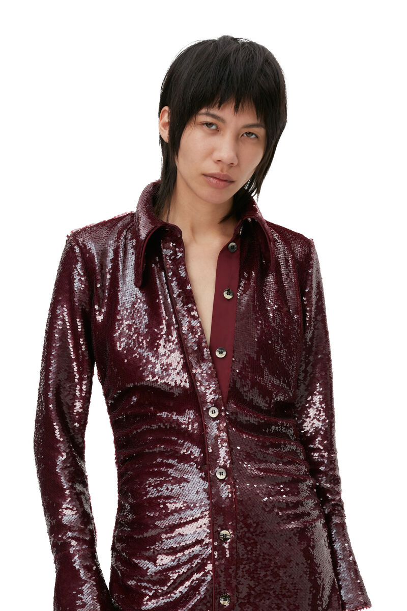 Robe-chemise courte à sequins, Recycled Polyester, in colour Port Royale - 3 - GANNI
