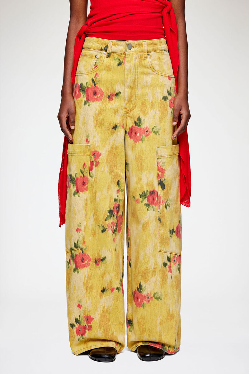 Baggy Wide Jeans in Printed Denim, Organic Cotton, in colour Vibrant Yellow - 2 - GANNI