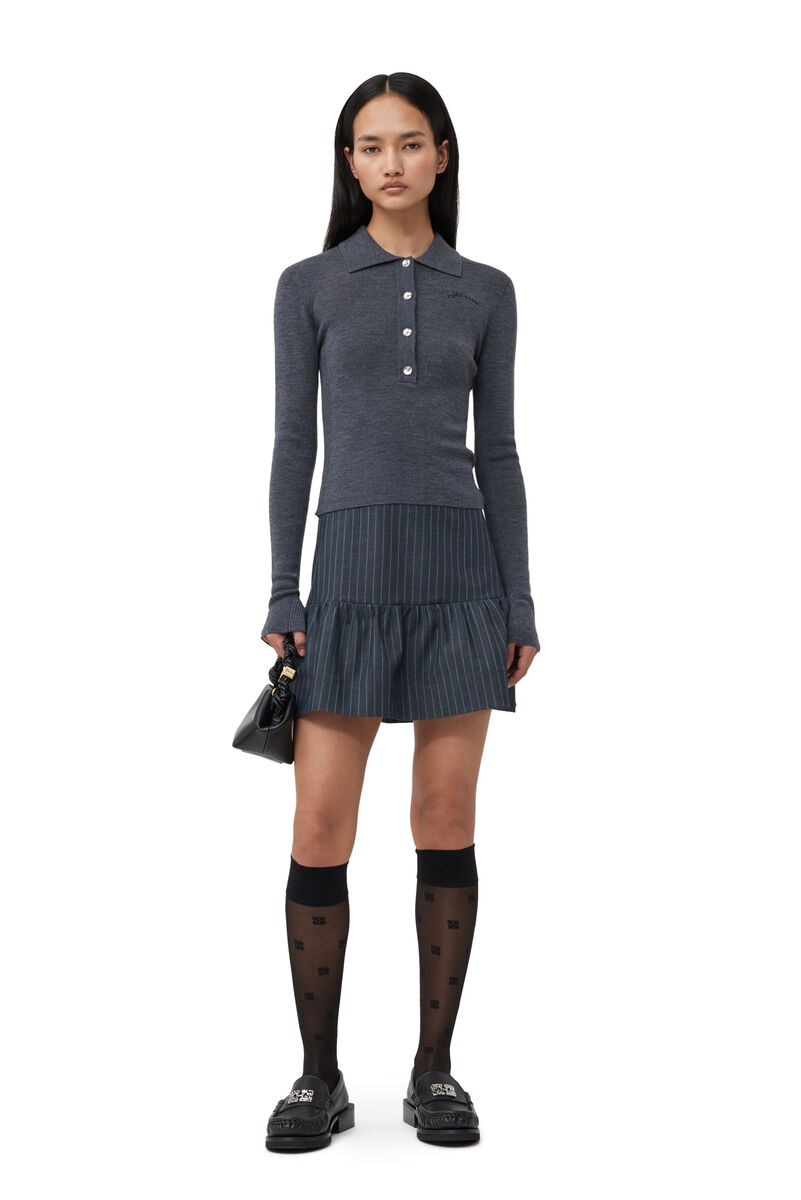 Stretch Striped Flounce Mini Skirt, Elastane, in colour Gray Pinstripe - 1 - GANNI
