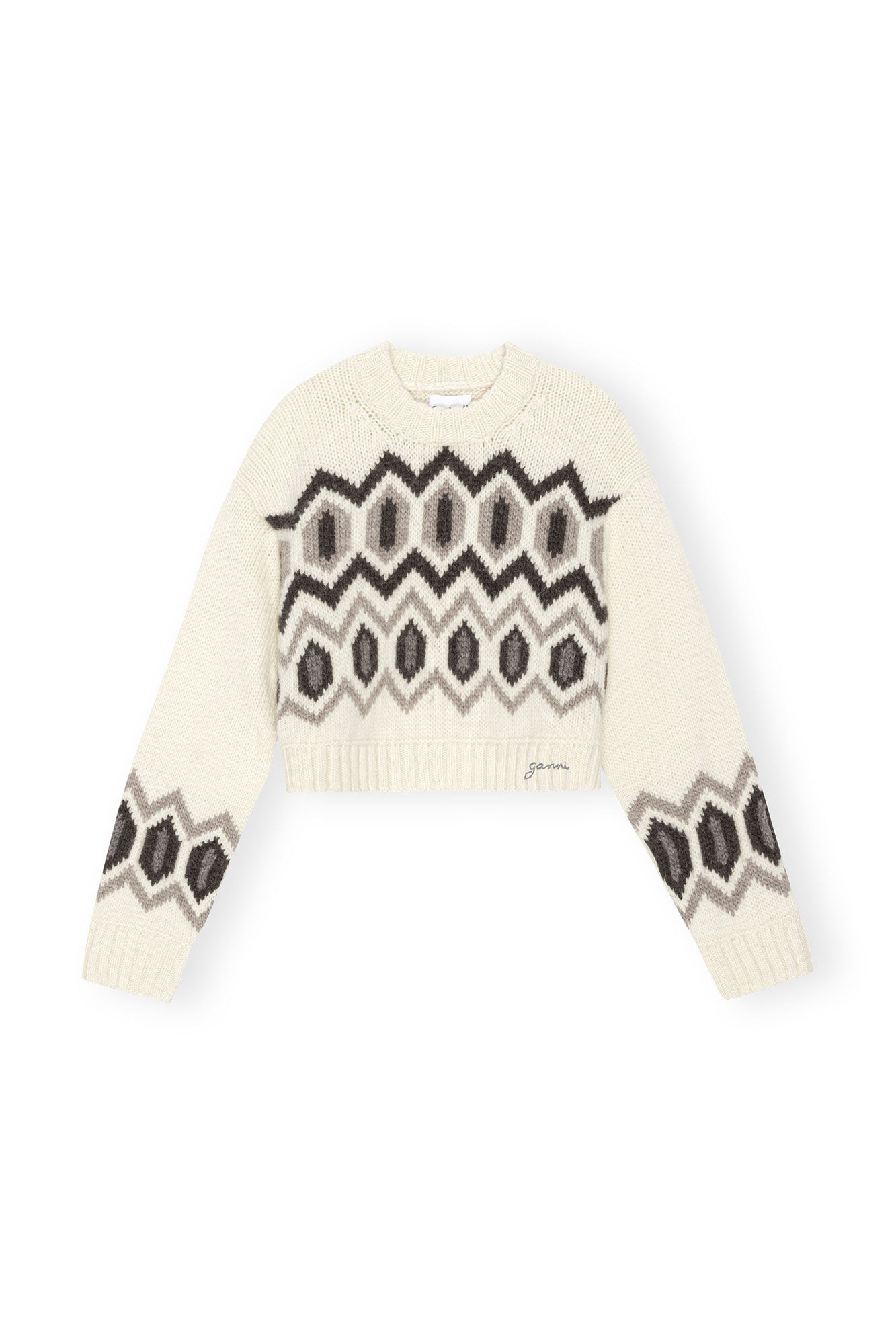 White Chunky Wool Cropped O-neck Sweater, Organic Wool, in colour Egret - 1 - GANNI