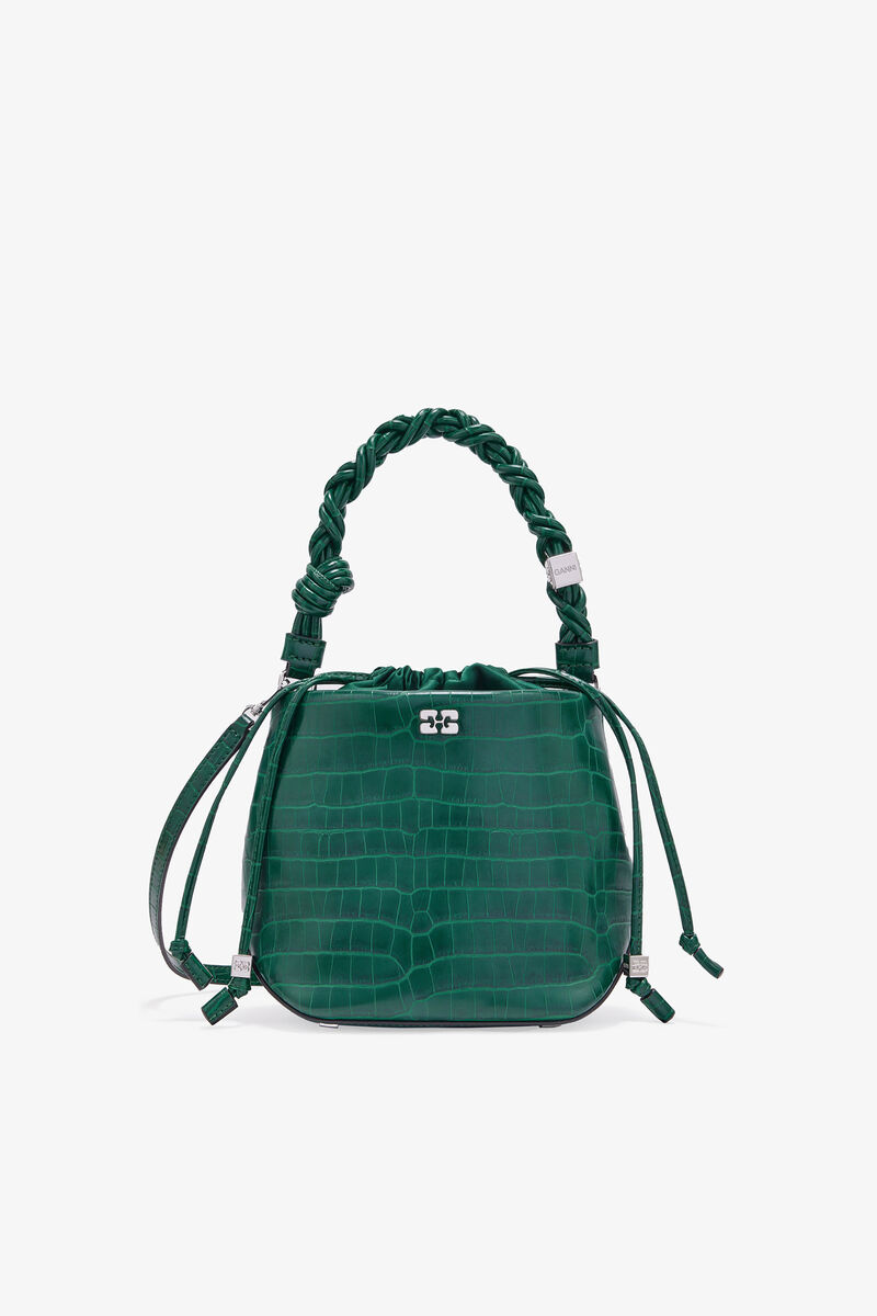 Green Patent Croco Bou Bucket Bag, Recycled Leather, in colour Pineneedle - 1 - GANNI