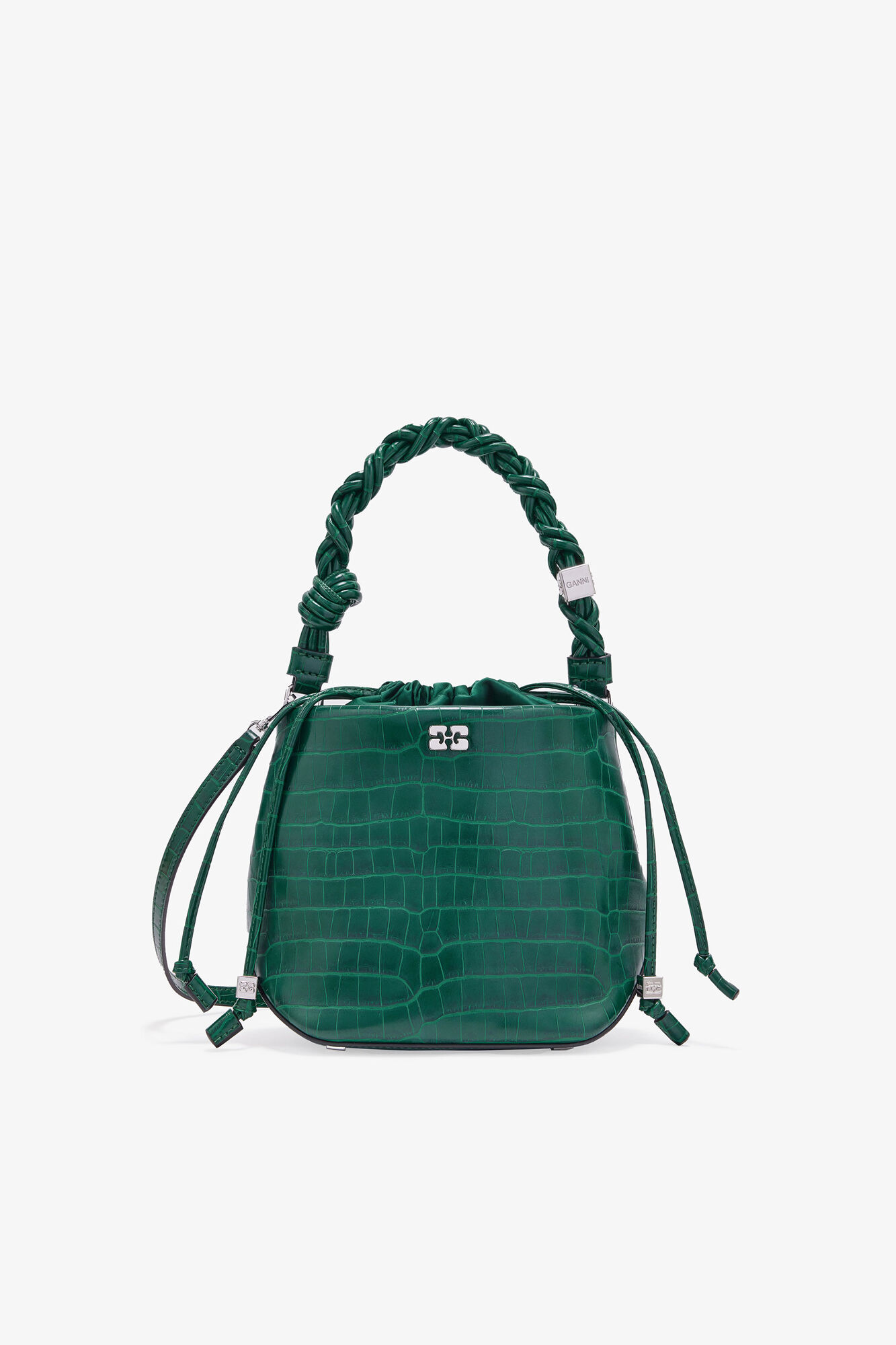 Green Patent Croco Bou Bucket Bag, Recycled Leather, in colour Pineneedle - 1 - GANNI
