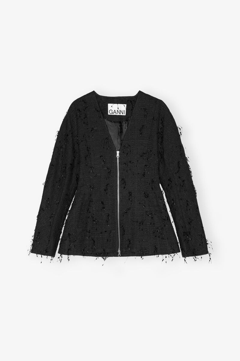 Black Fringed Tweed Blazer, Organic Cotton, in colour Black - 1 - GANNI