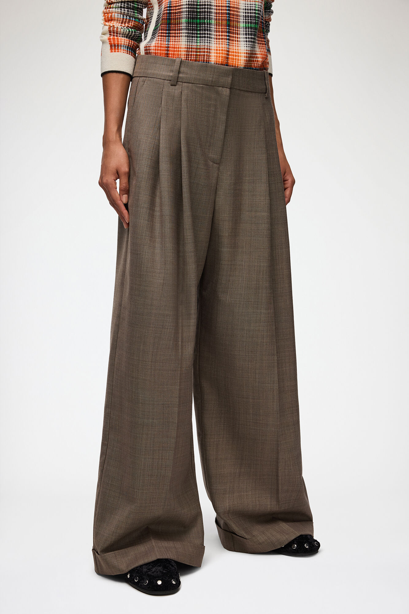 Trousers in Wool Suiting, Recycled Polyethylene Terephthalate, in colour Chocolate Chip - 2 - GANNI