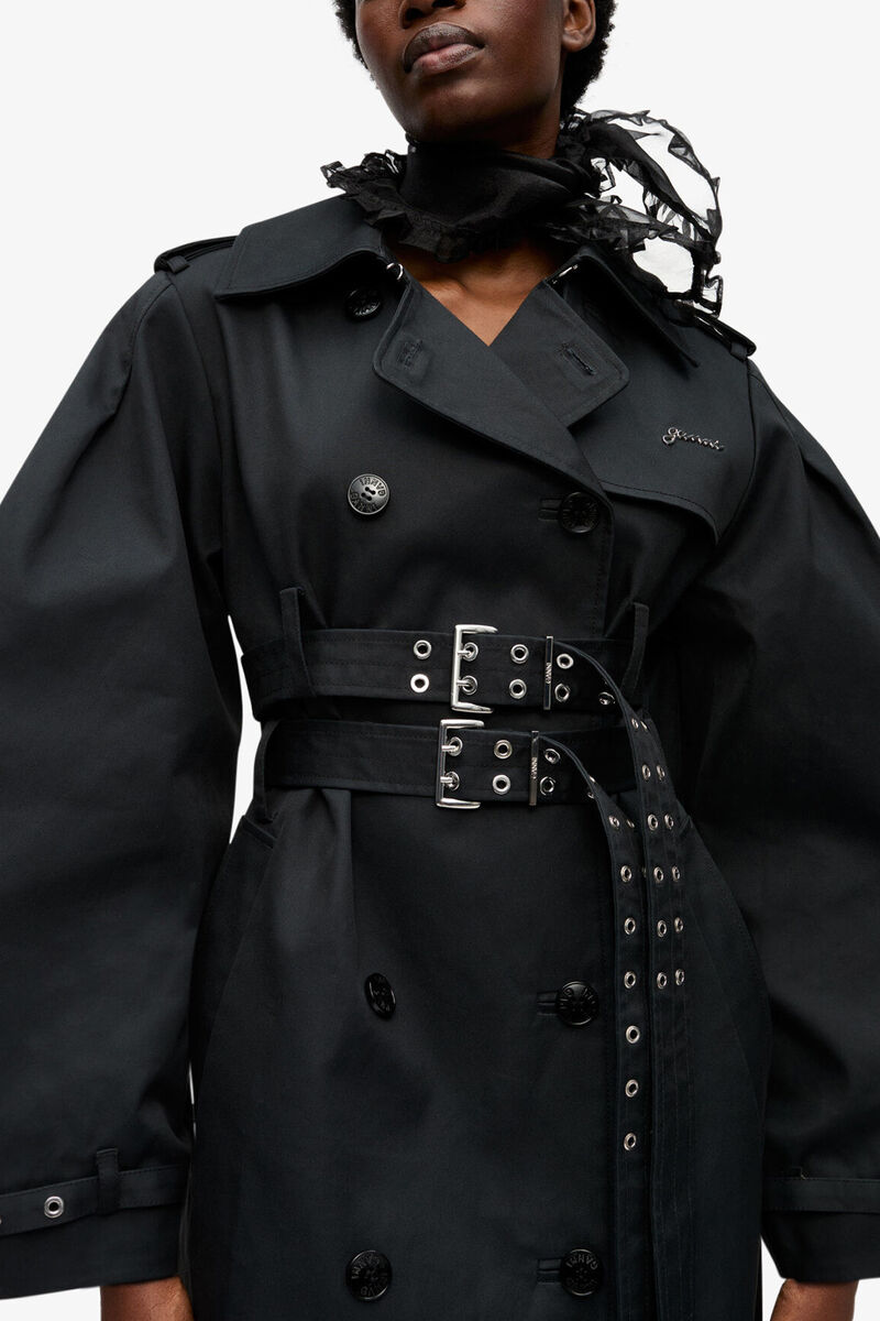 Black Bonded Cotton Trench Coat, Organic Cotton, in colour Black - 4 - GANNI