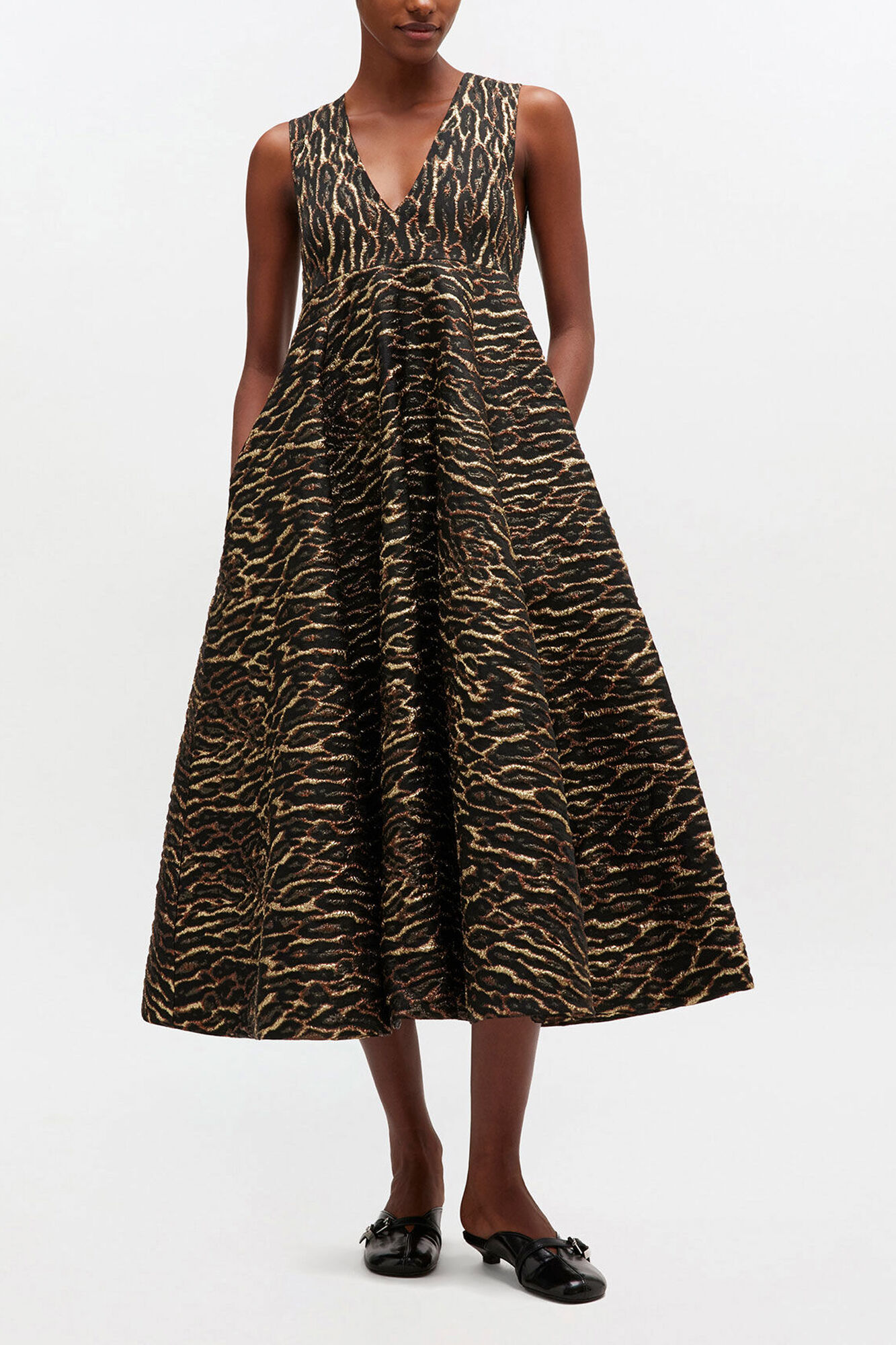 Metallic Cloque Long Dress, Recycled Polyester, in colour Antique Bronze - 1 - GANNI