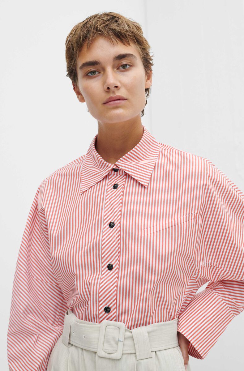 Striped Belted Shirt, Cotton, in colour Thin Stripe Orangedotcom - 1 - GANNI
