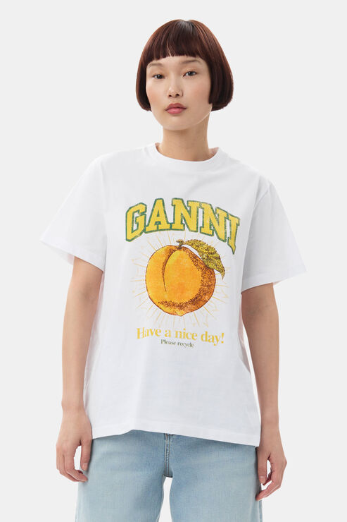 Ganni Women's Relaxed Peach T-Shirt In Bright White Organic Cotton Large