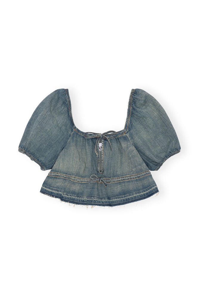 Denimtopp med puffärmar och tonade kanter, Tint Wash