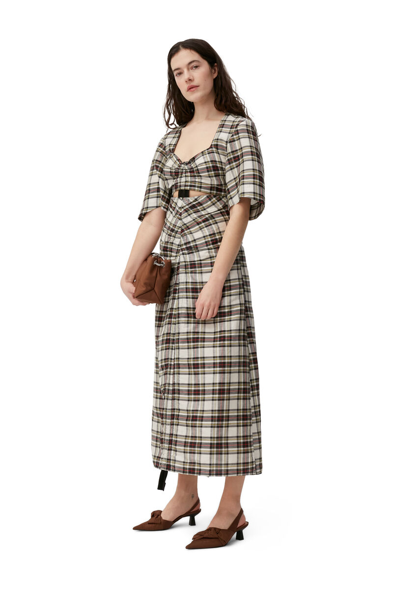Checkered Cut-out Maxi Dress, Linen, in colour Check Egret - 1 - GANNI