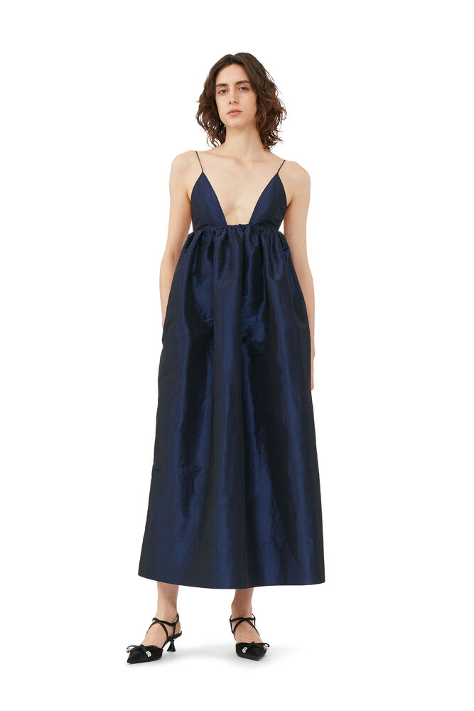 Blue Shiny Taffeta Strap Dress, Sodalite Blue