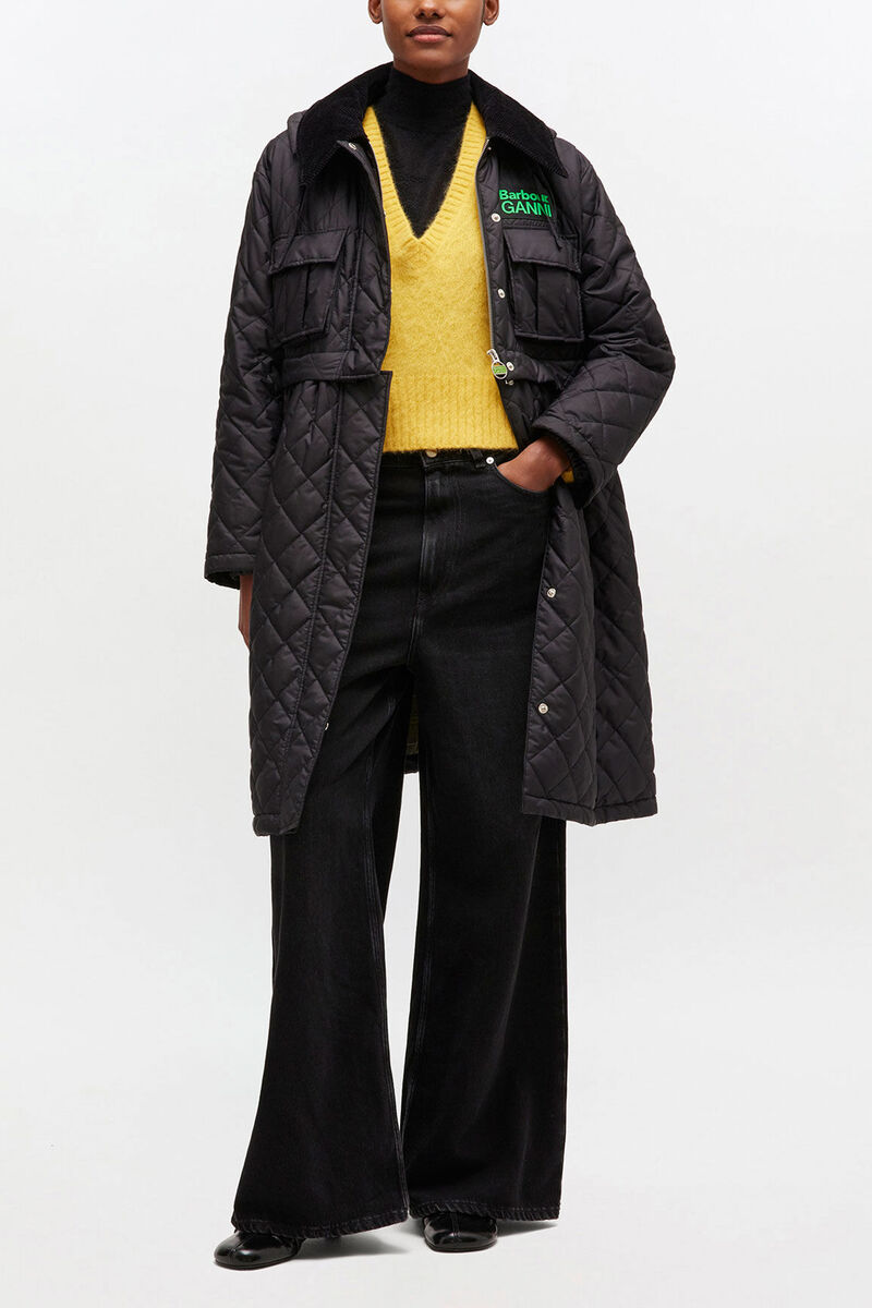 Quilted Long Coat in Black, Polyester, in colour Black - 1 - GANNI