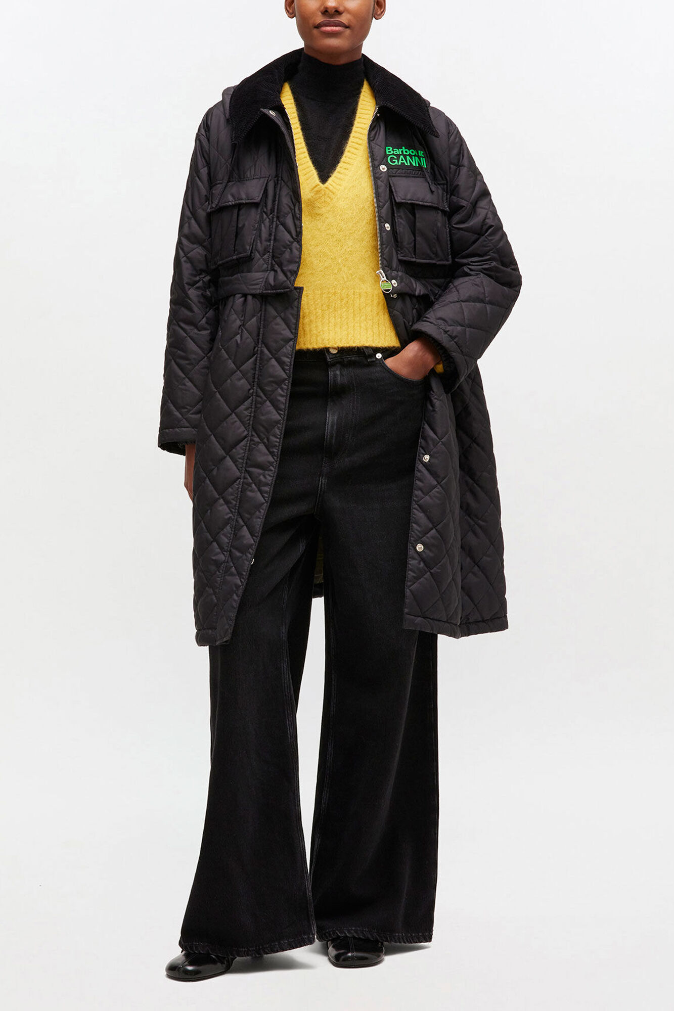 Quilted Long Coat in Black, Polyester, in colour Black - 1 - GANNI