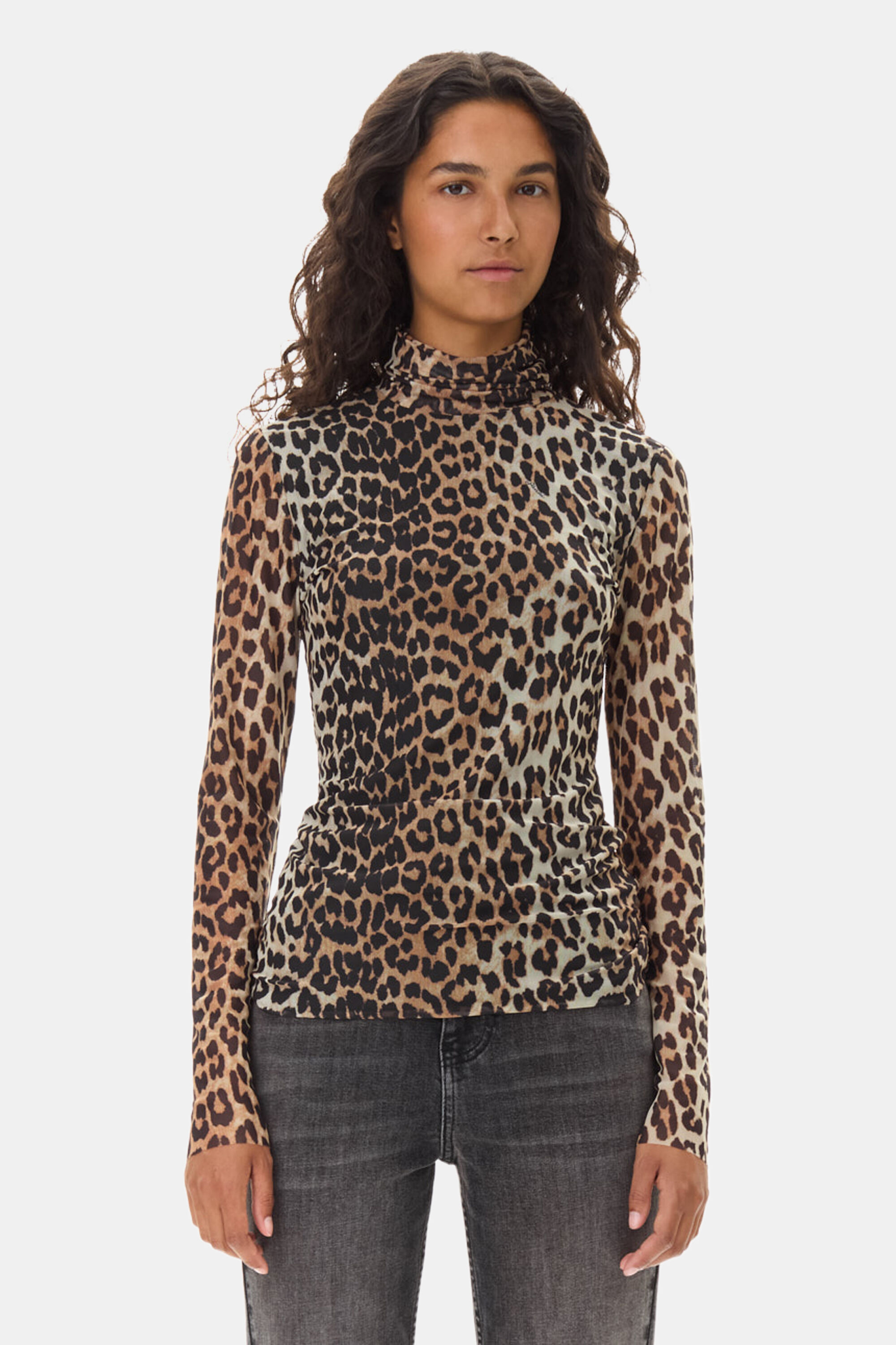 Long Sleeve Leopard Print High Neck Top Leopard Print Paneled High