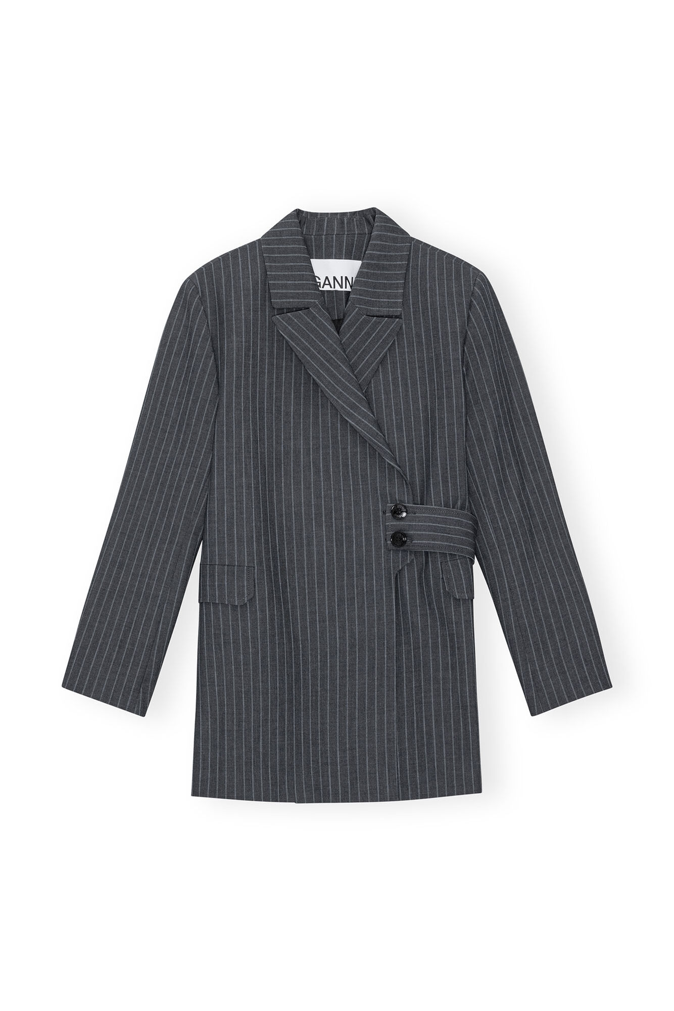 Stretch Striped Belt Blazer, Elastane, in colour Gray Pinstripe - 1 - GANNI