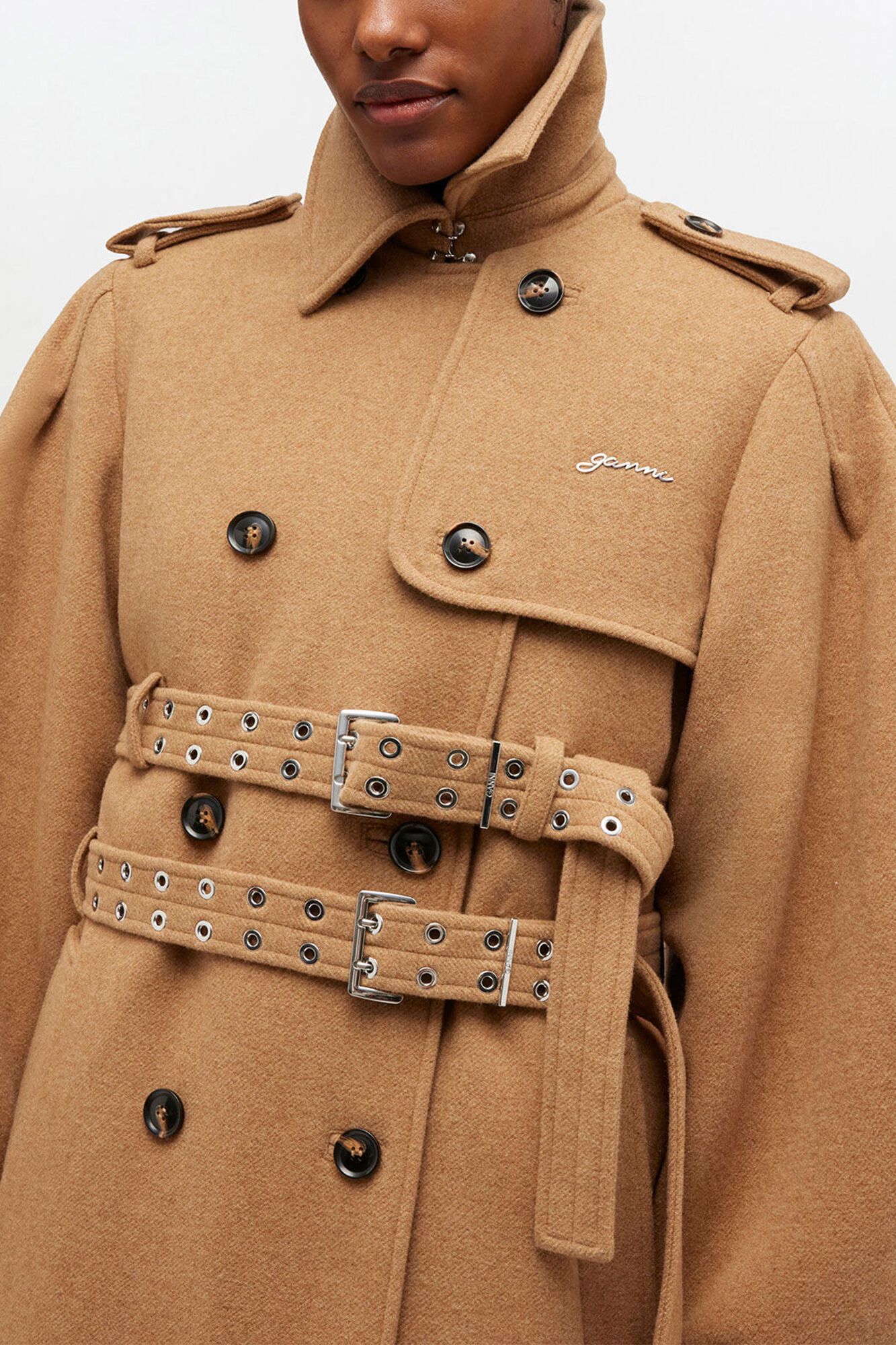 Wool Trench Coat, Wool, in colour Tiger's Eye - 3 - GANNI