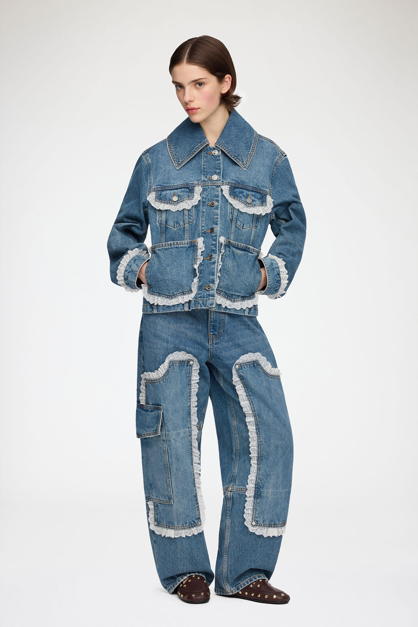 Jacket in Rigid Denim, Organic Cotton, in colour Dark Blue Vintage - 2 - GANNI