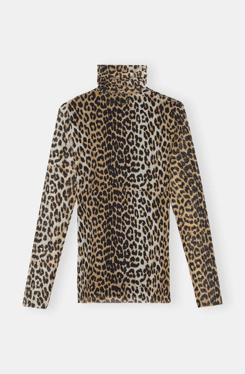 Gjennomsiktig, høyhalset mesh-genser, Recycled Nylon, in colour Leopard Seedpearl - 2 - GANNI
