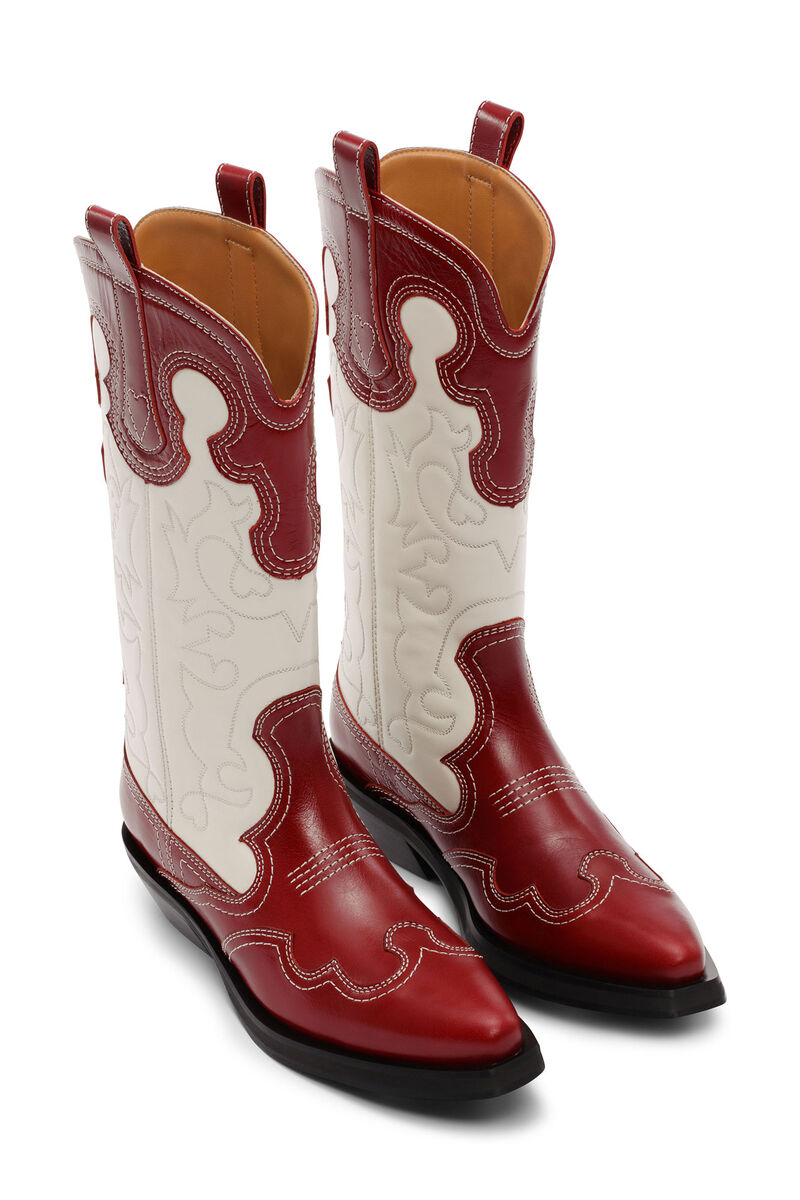 Red/White Mid Shaft Embroidered Western Støvler, Calf Leather, in colour Barbados Cherry - 3 - GANNI