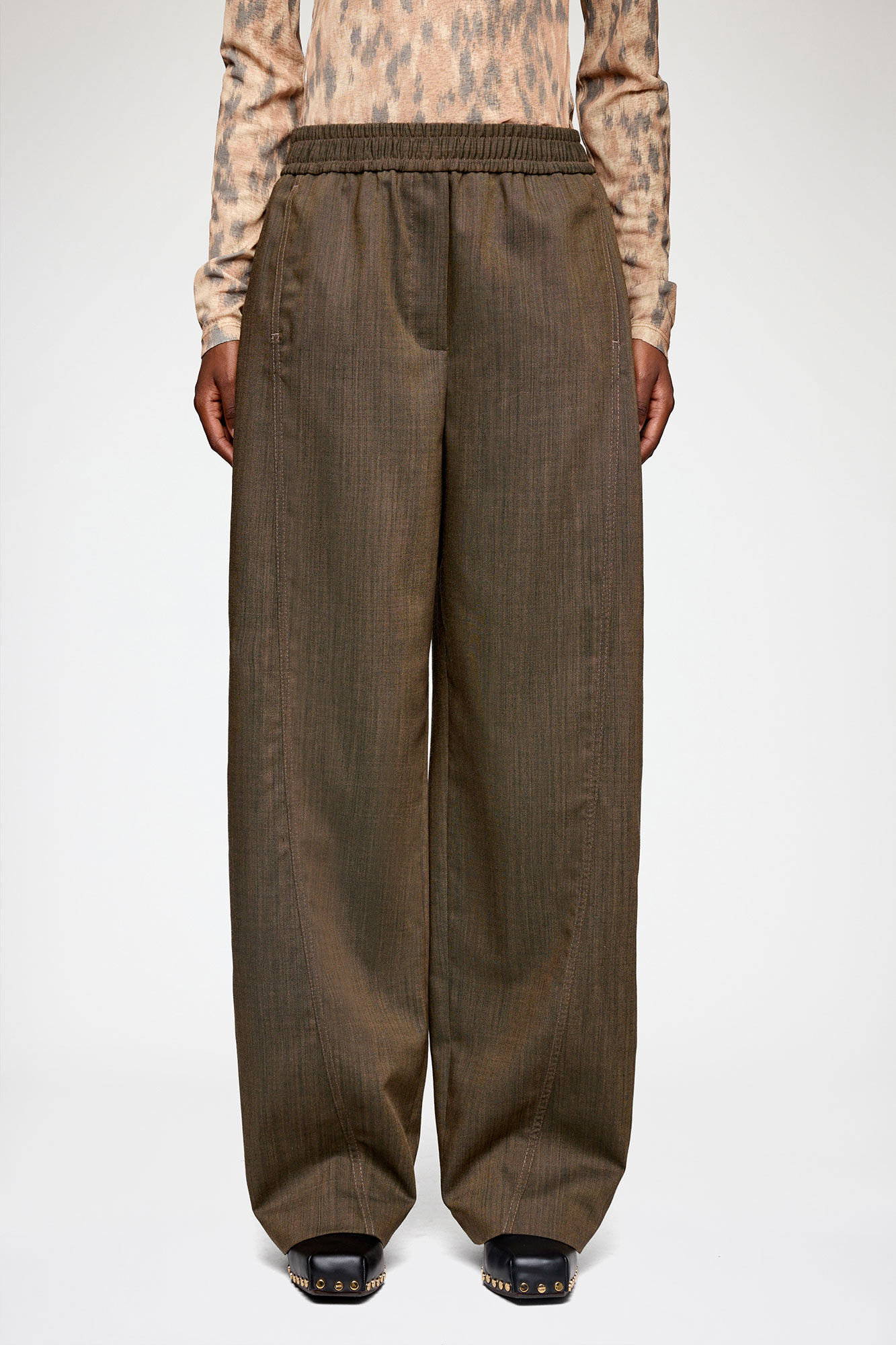 Trousers in Brown Wool Melange, Recycled Wool, in colour Canteen - 2 - GANNI