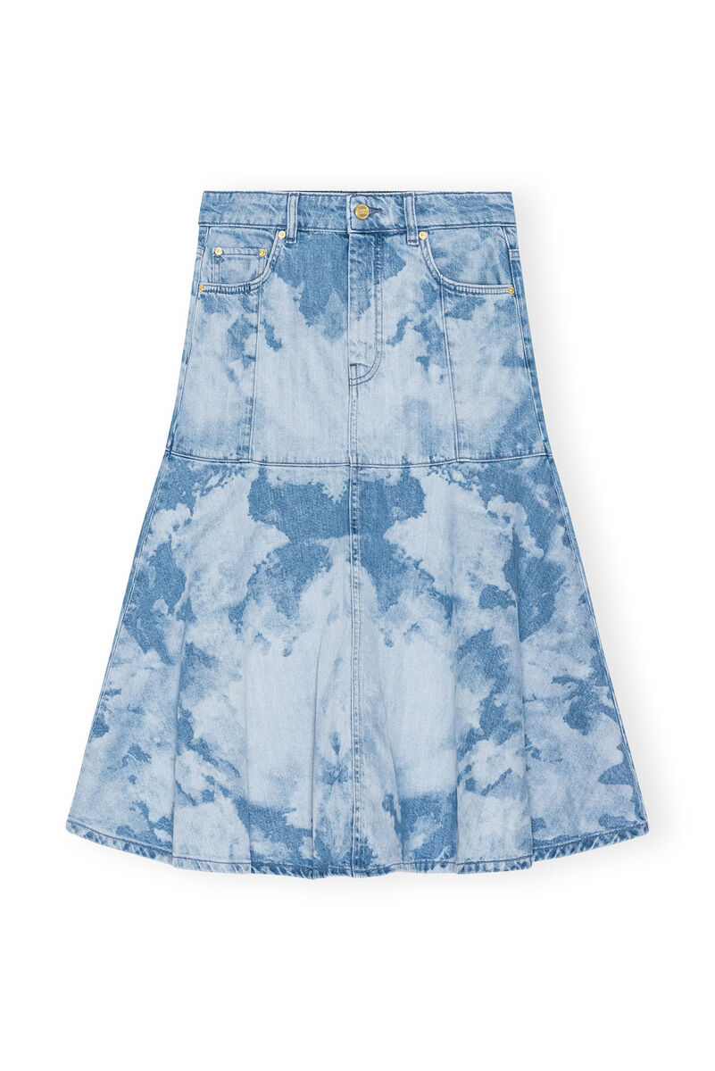 Blue Bleach Denim Flounce Midi-skjørt, Cotton, in colour Light Blue Stone - 1 - GANNI