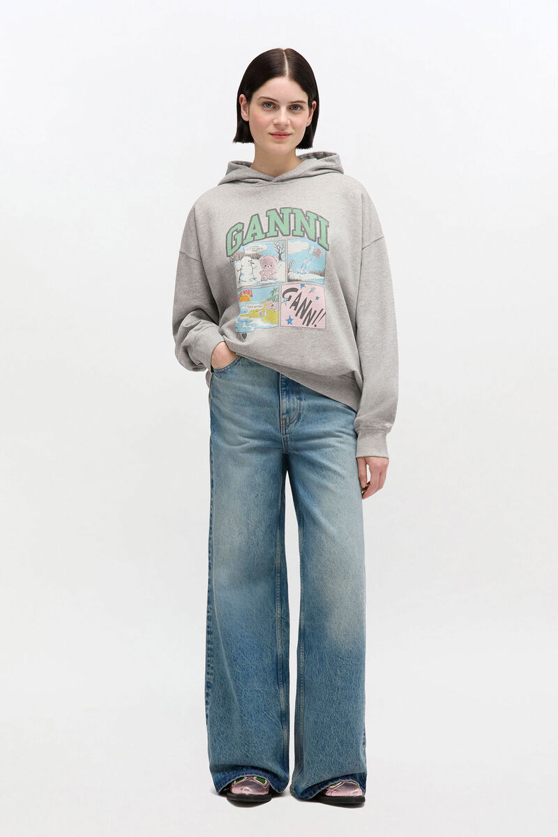 Grey Bear Comic Hoodie, Organic Cotton, in colour Paloma - 2 - GANNI