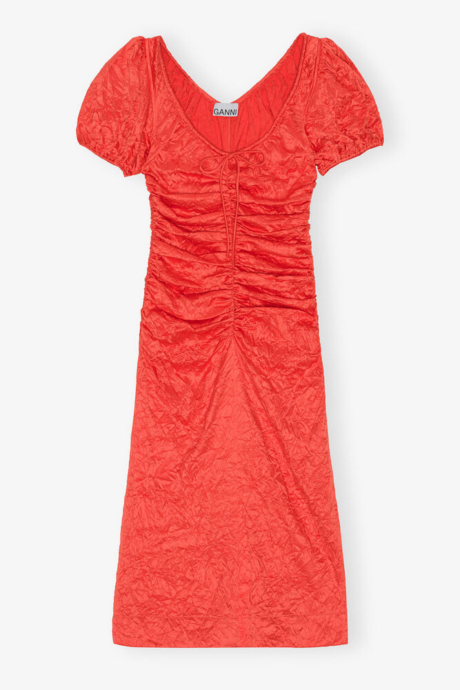 Red Crinkled Satin Midi Dress, Grenadine