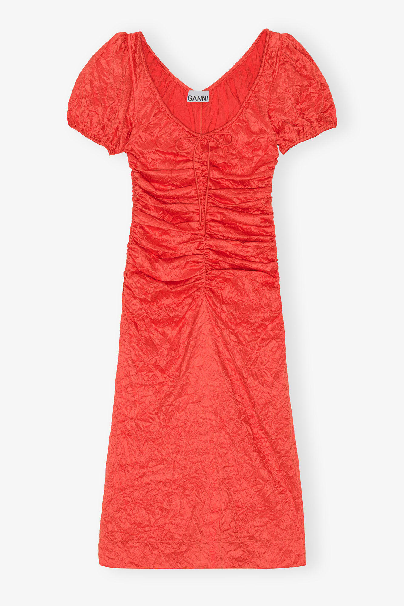 Red Crinkled Satin Midi Dress, Recycled Polyester, in colour Grenadine - 1 - GANNI