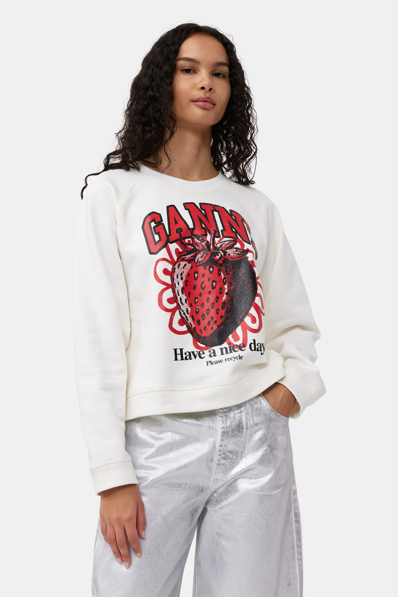 Isoli Raglan Strawberry Sweatshirt, Cotton, in colour Vanilla Ice - 1 - GANNI