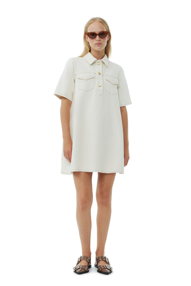 GANNI White Heavy Denim Mini Dress,Egret