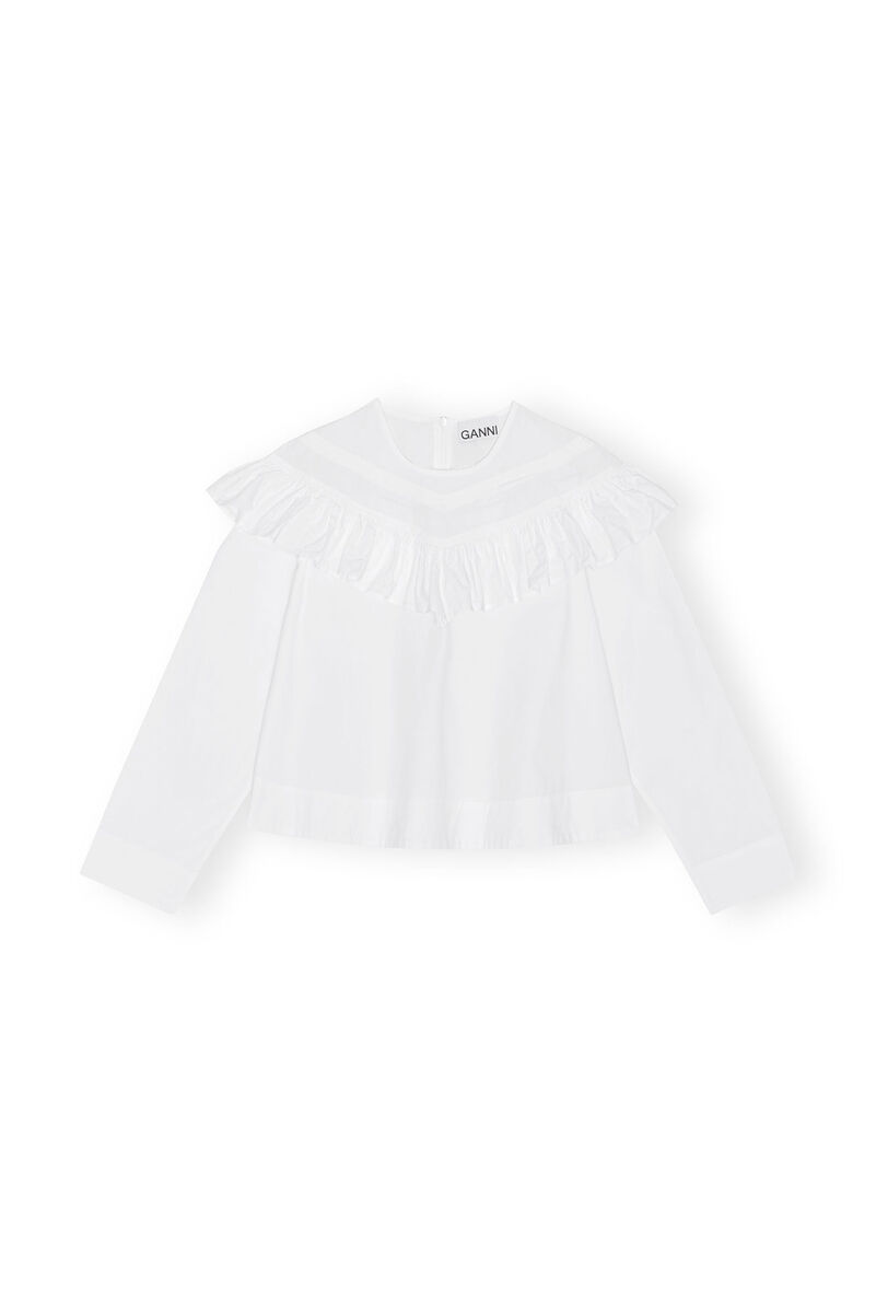 Bright White White Cotton Poplin Frill Blouse | GANNI SE