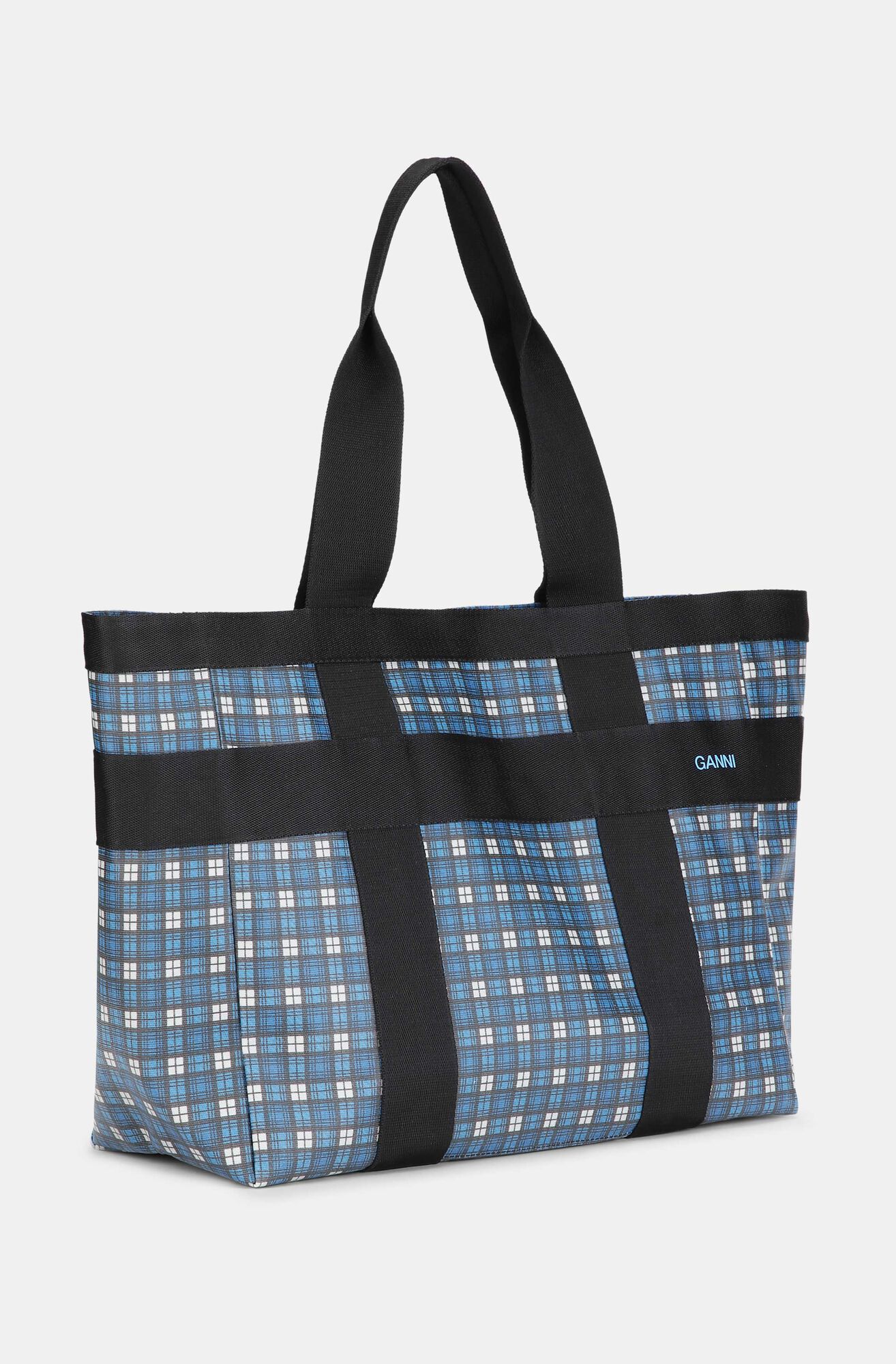 East West Canvas Tote Bag, Cotton, in colour Check Azure Blue - 2 - GANNI