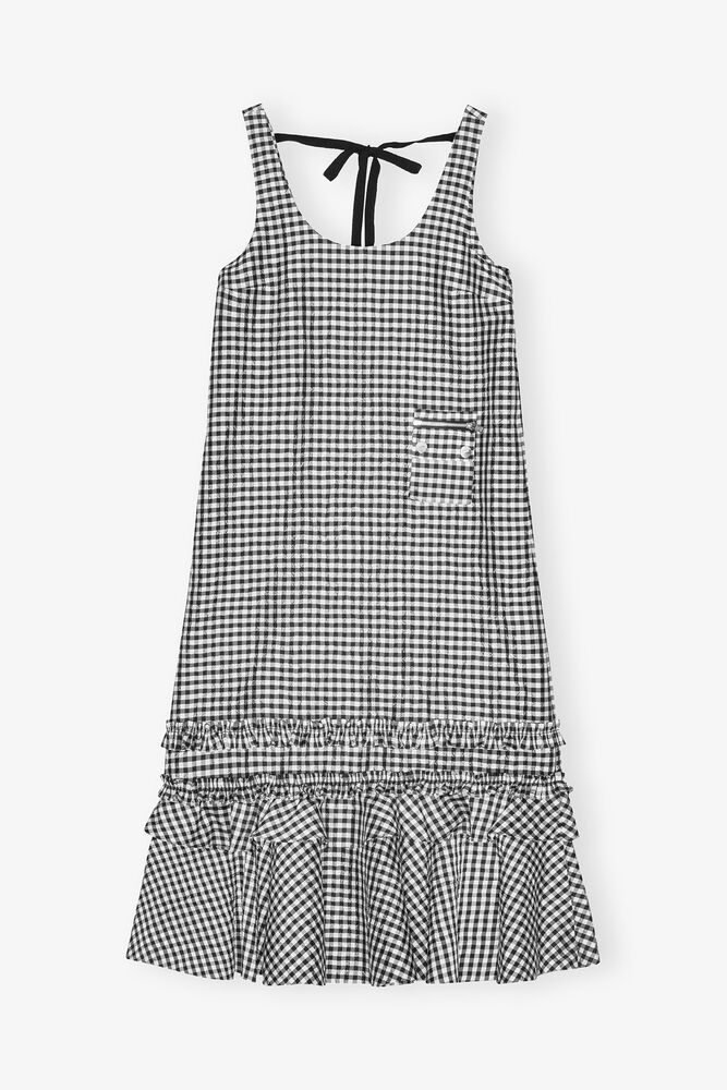 Crinkled Check Long Dress, Black