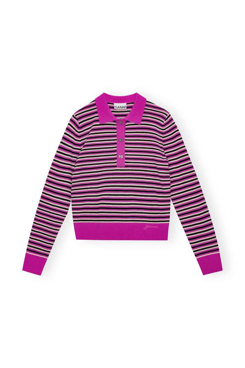 Striped Cashmere Polo Sweater, Cashmere, in colour Multicolour - 1 - GANNI