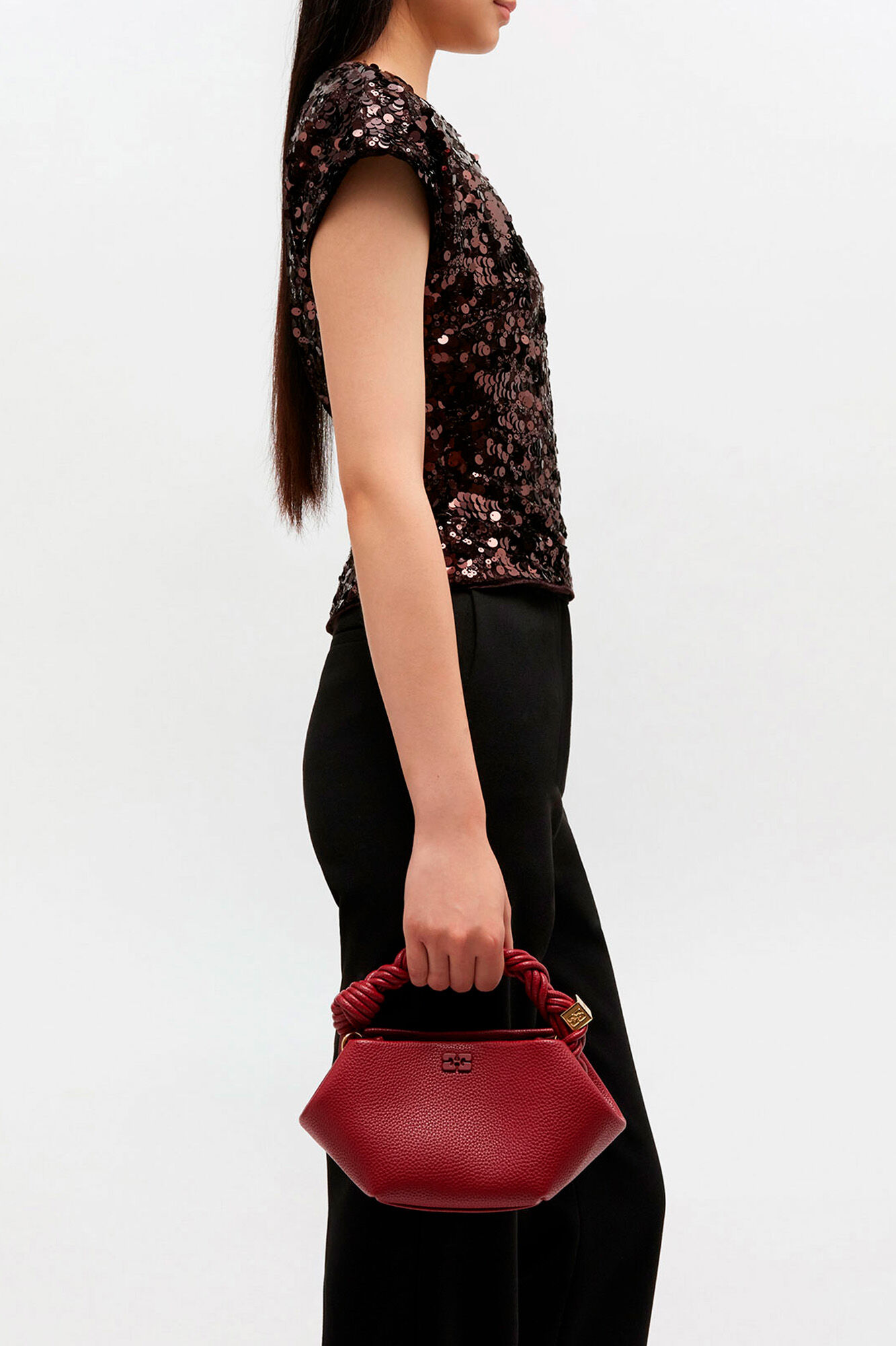 Burgundy Grained Mini Bou Bag, Recycled Polyester, in colour Red Dahlia - 1 - GANNI