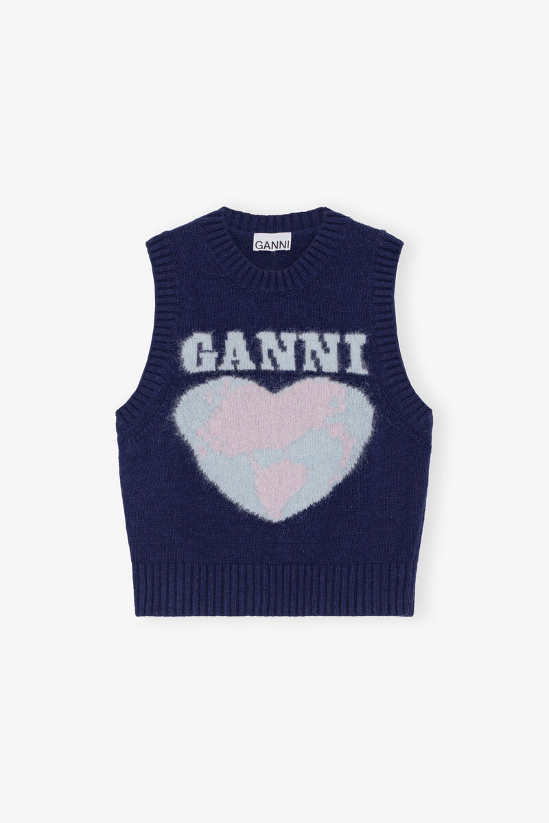 Navy Graphic Soft Wool Mix Vest, Alpaca, in colour Sky Captain - 1 - GANNI