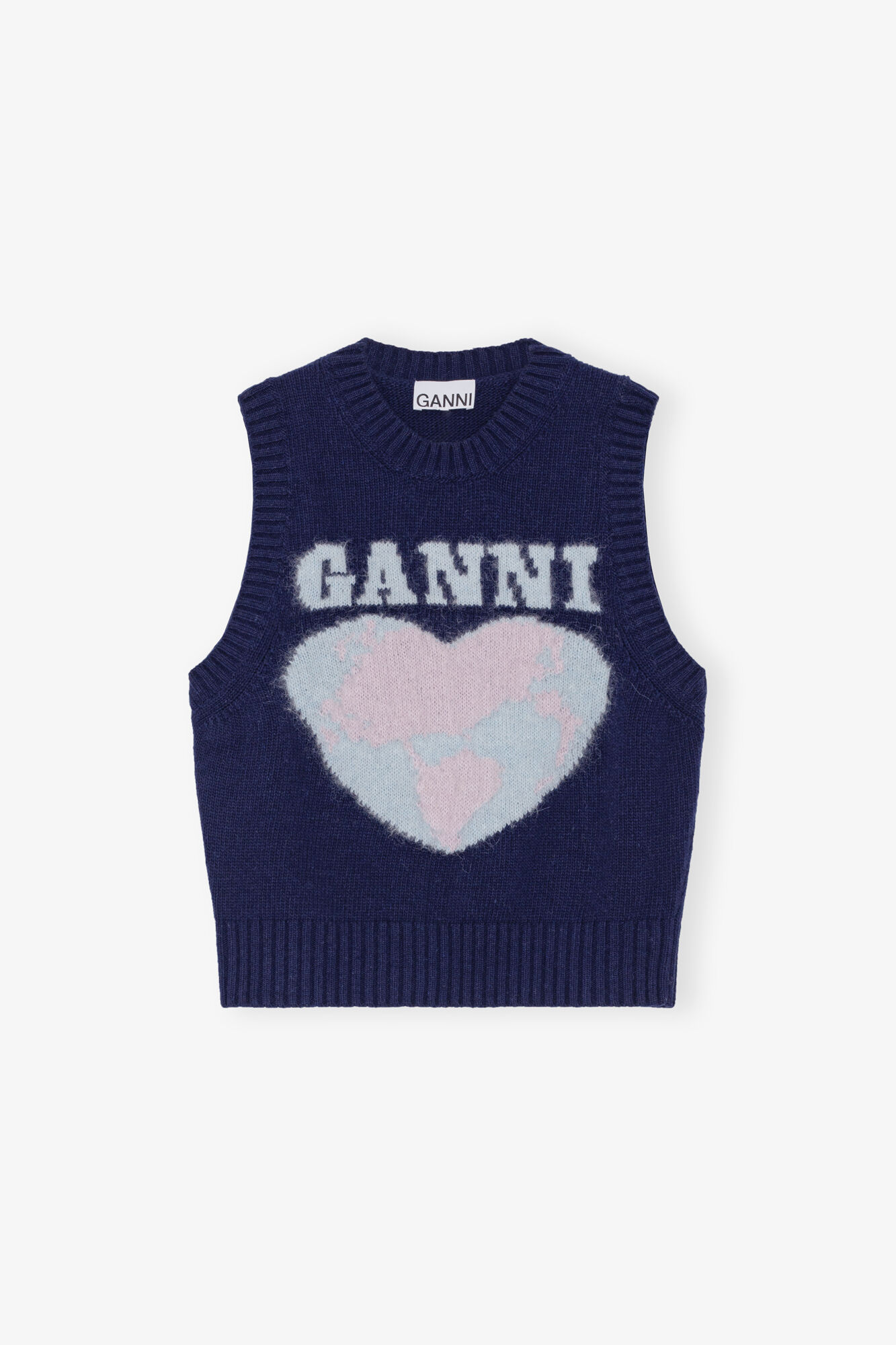 Navy Graphic Soft Wool Mix Vest, Alpaca, in colour Sky Captain - 1 - GANNI