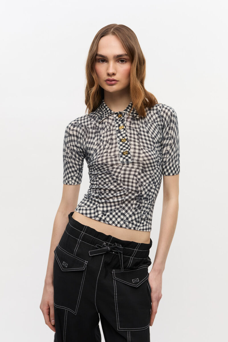 Black Sheer Cotton Printed Polo Shirt, Elastane, in colour Black - 1 - GANNI