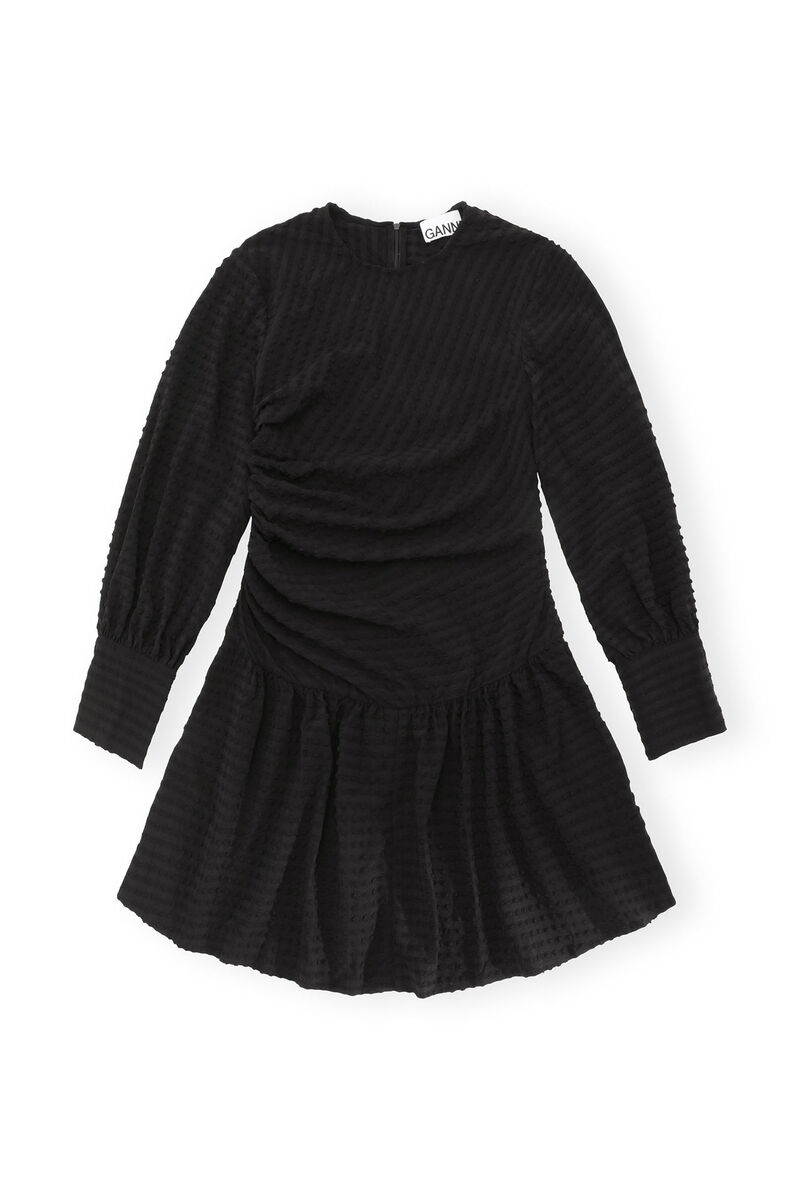Black Seersucker Gathered Mini Dress, Elastane, in colour Black - 1 - GANNI
