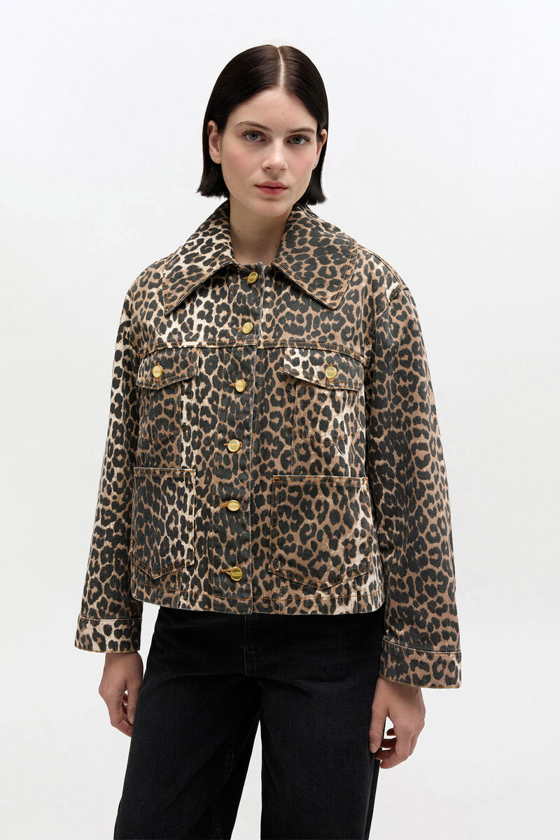 Leopard Denim Jacket, Organic Cotton, in colour Almond Milk - 2 - GANNI